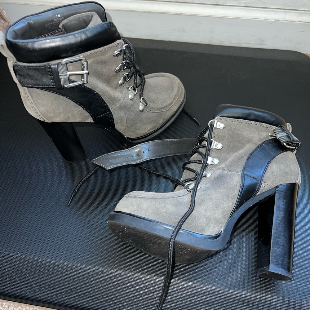Gray. Combat bootie, heel
